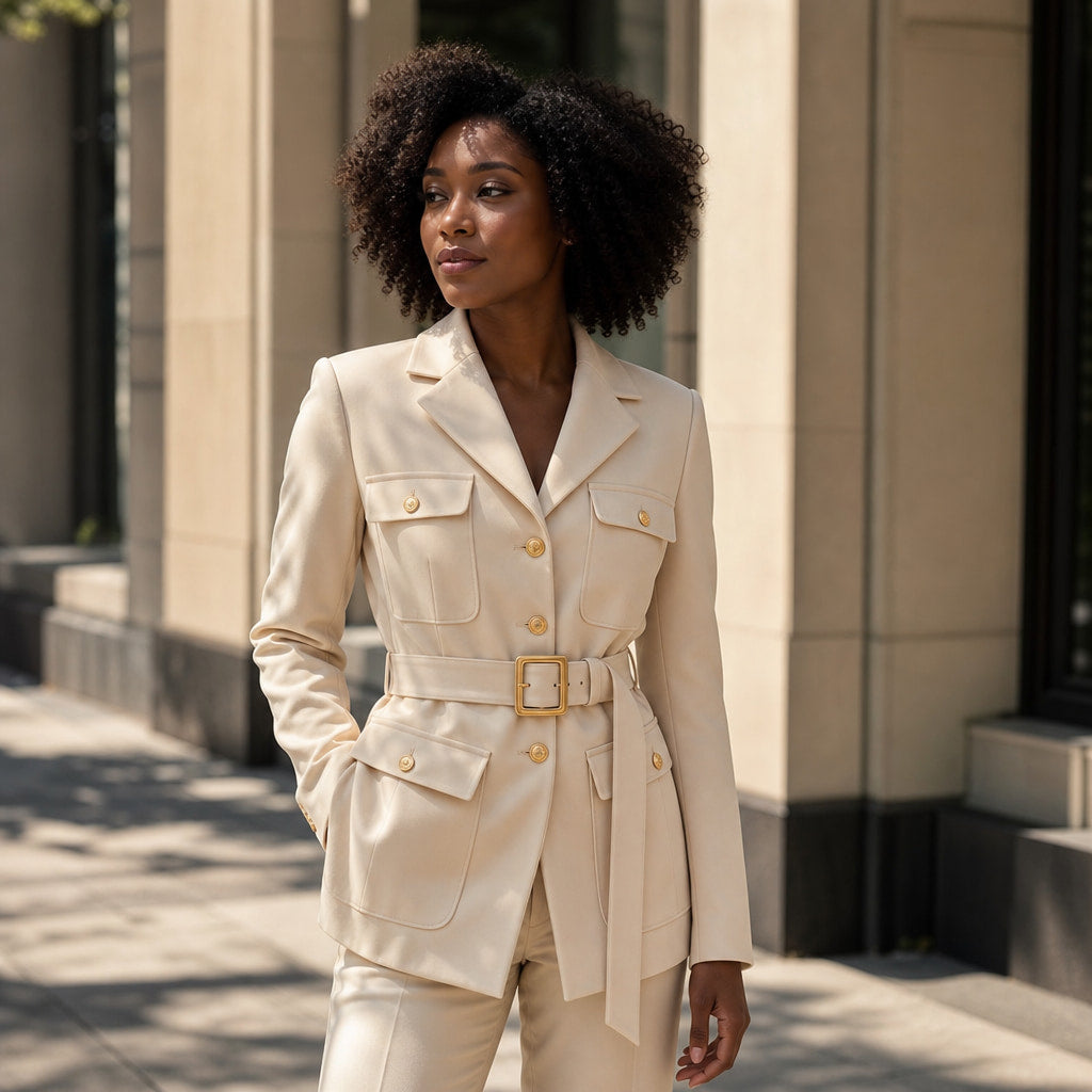 Julia Couture Belted Jacket Cream Beige – Styled Editorial Shot