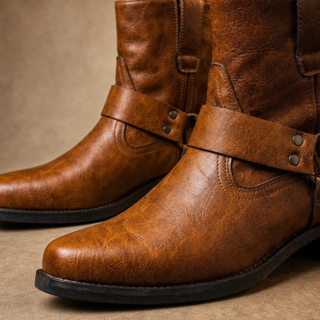 Landon Men's Vintage Leather Boots Brown – Fabric and Detail Close-Up
