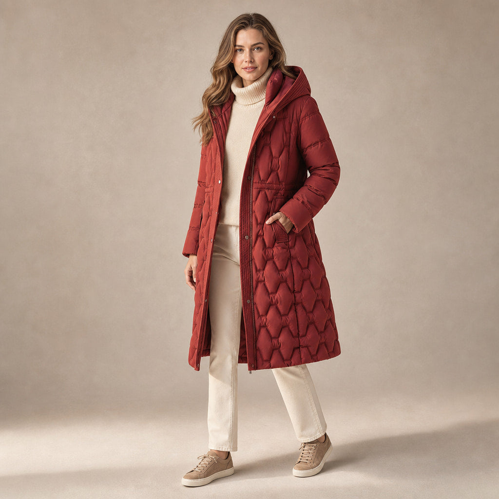Lauren Quilted Hooded Coat Rose Red – Side Angle View