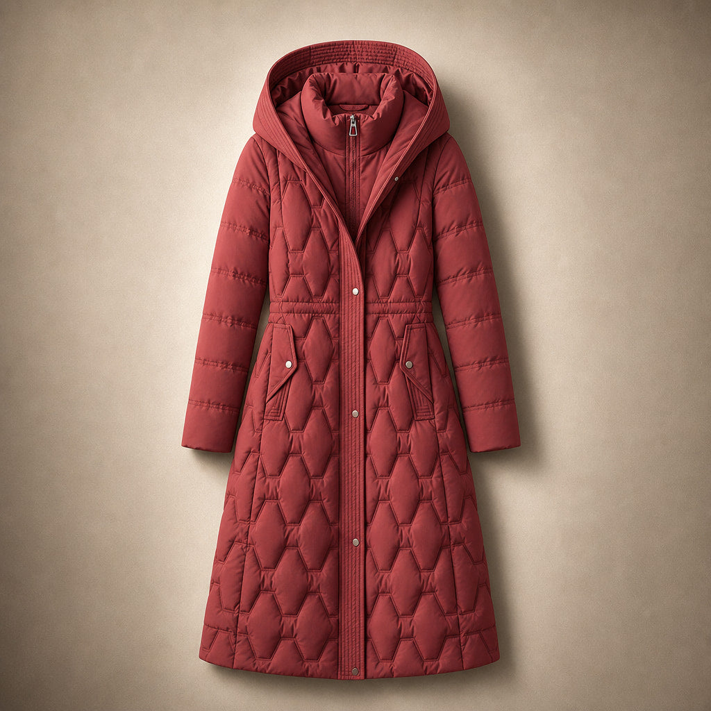 Lauren Quilted Hooded Coat Rose Red – Flat Lay Product Photo