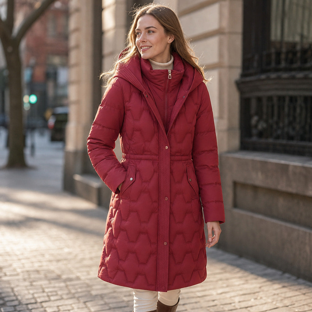 Lauren Quilted Hooded Coat Rose Red – Styled Editorial Shot