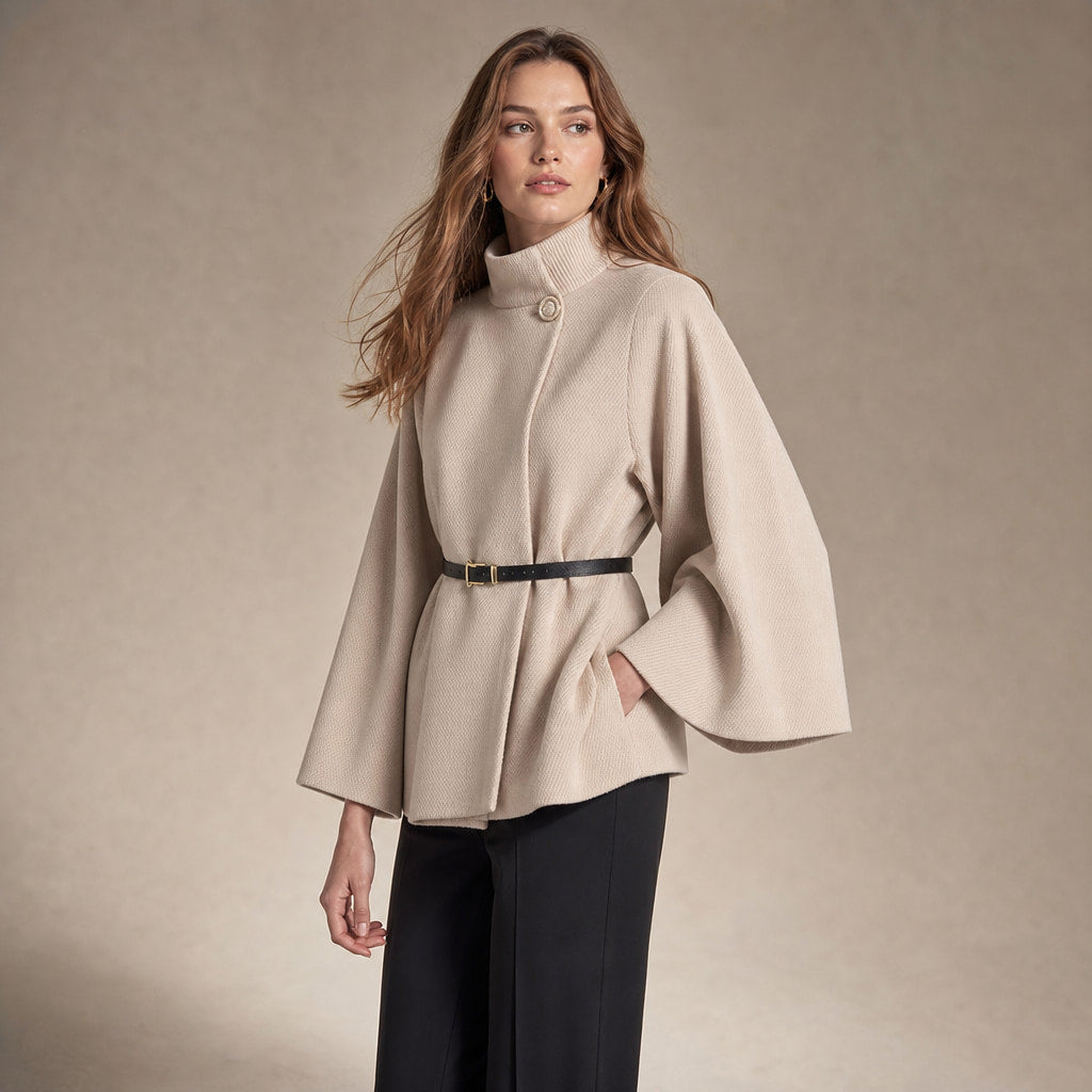LEA - Chic Butterfly Jacket with Belt Apricot – Side Angle View