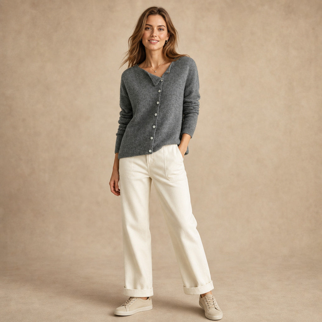 Lightweight Buttoned Womens Stretch Sweater Gray – Side Angle View
