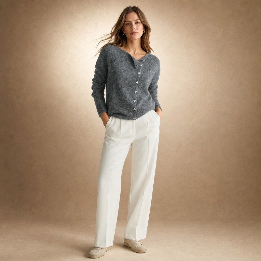 Lightweight Buttoned Womens Stretch Sweater Gray – Full Look