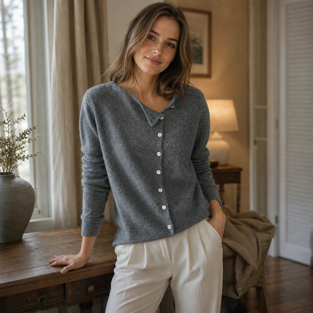 Lightweight Buttoned Womens Stretch Sweater Gray – Styled Editorial Shot