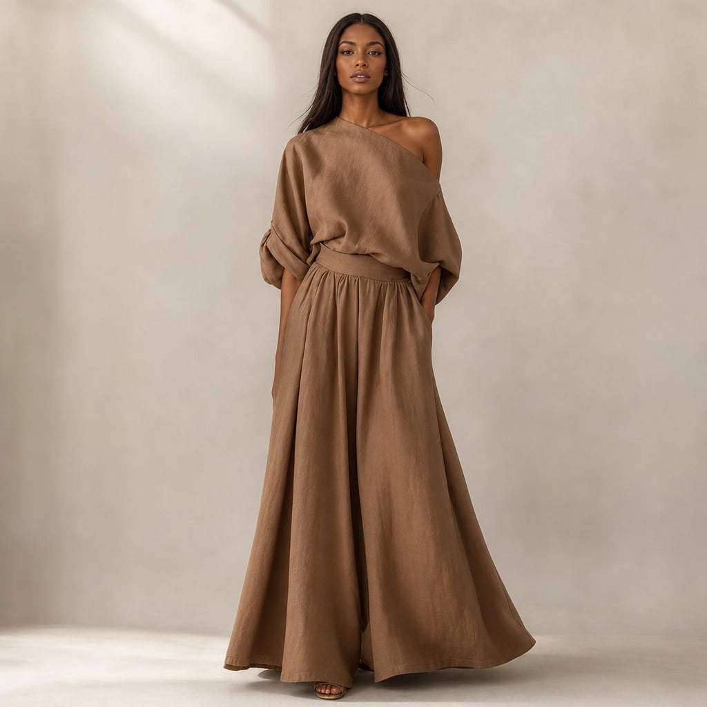 Linen Two Piece Set Women Brown – Product Photo