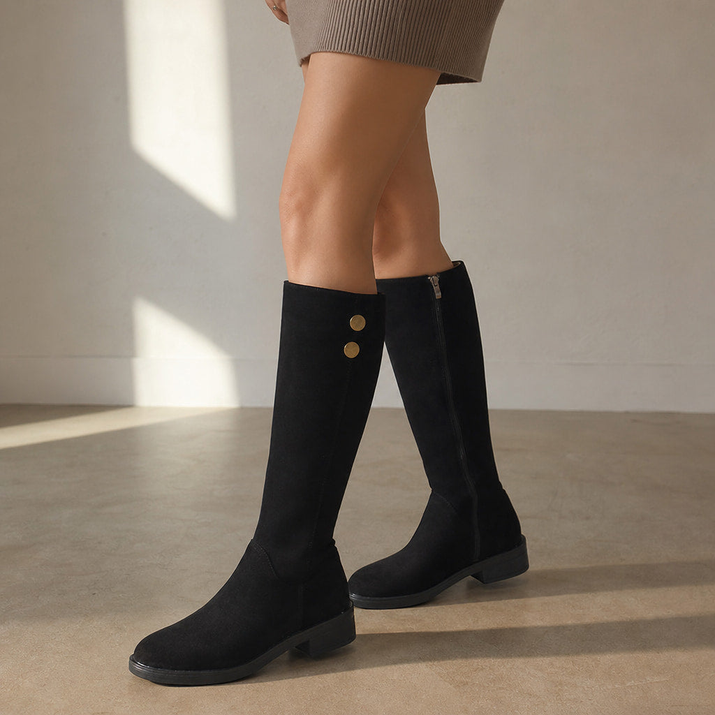 Elegant And Timeless Suede Knee High Boots Black – Styled Editorial Shot, Detail