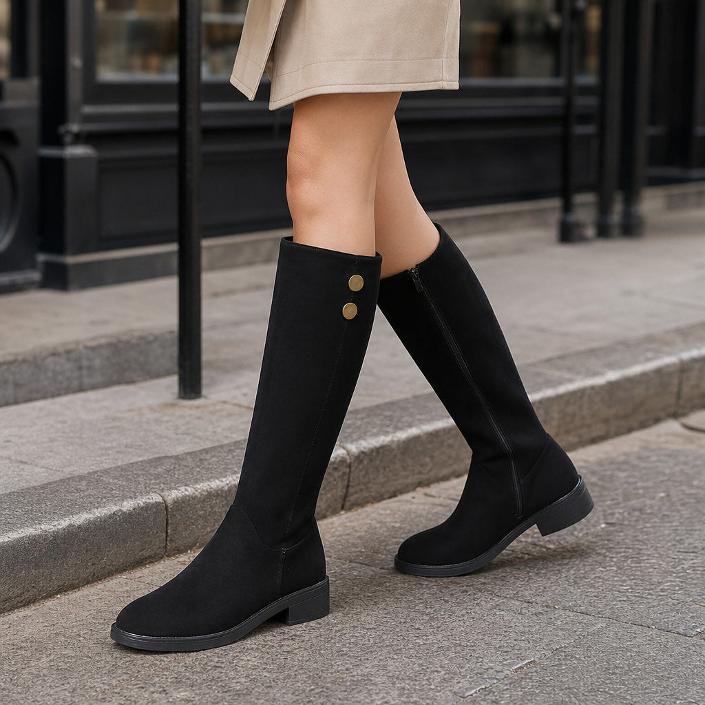 Elegant And Timeless Suede Knee High Boots Black – Styled Editorial Shot