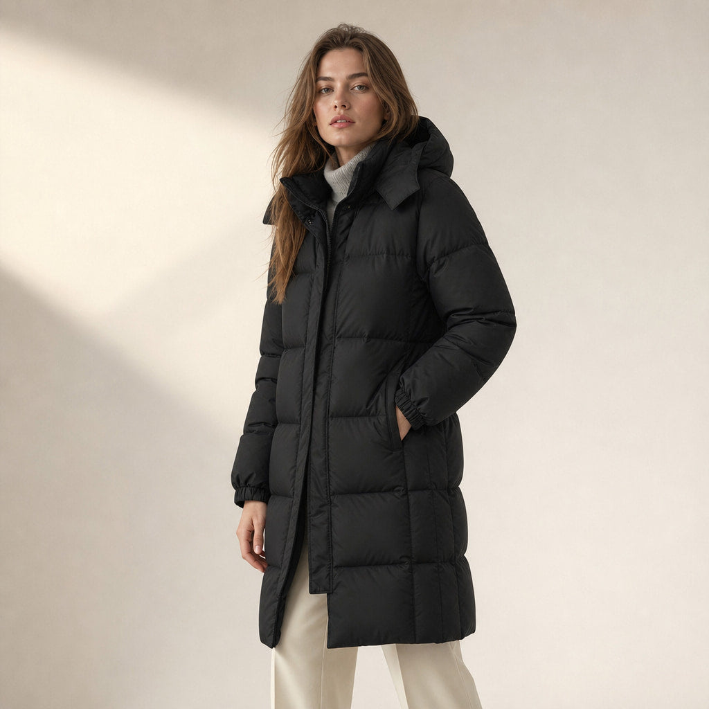 Long Warm Women's Quilted Jacket with Hood Black – Side Angle View