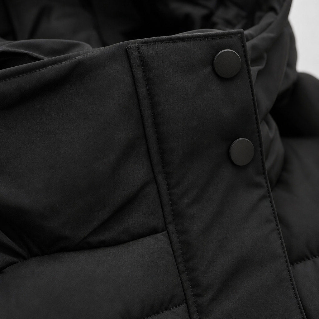 Long Warm Women's Quilted Jacket with Hood Black – Fabric and Detail Close-Up