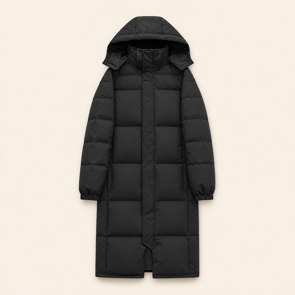 Long Warm Women's Quilted Jacket with Hood Black – Flat Lay Product Photo