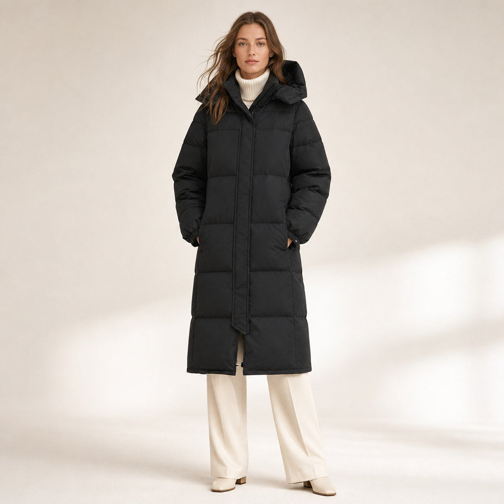 Long Warm Women's Quilted Jacket with Hood Black – Full Look
