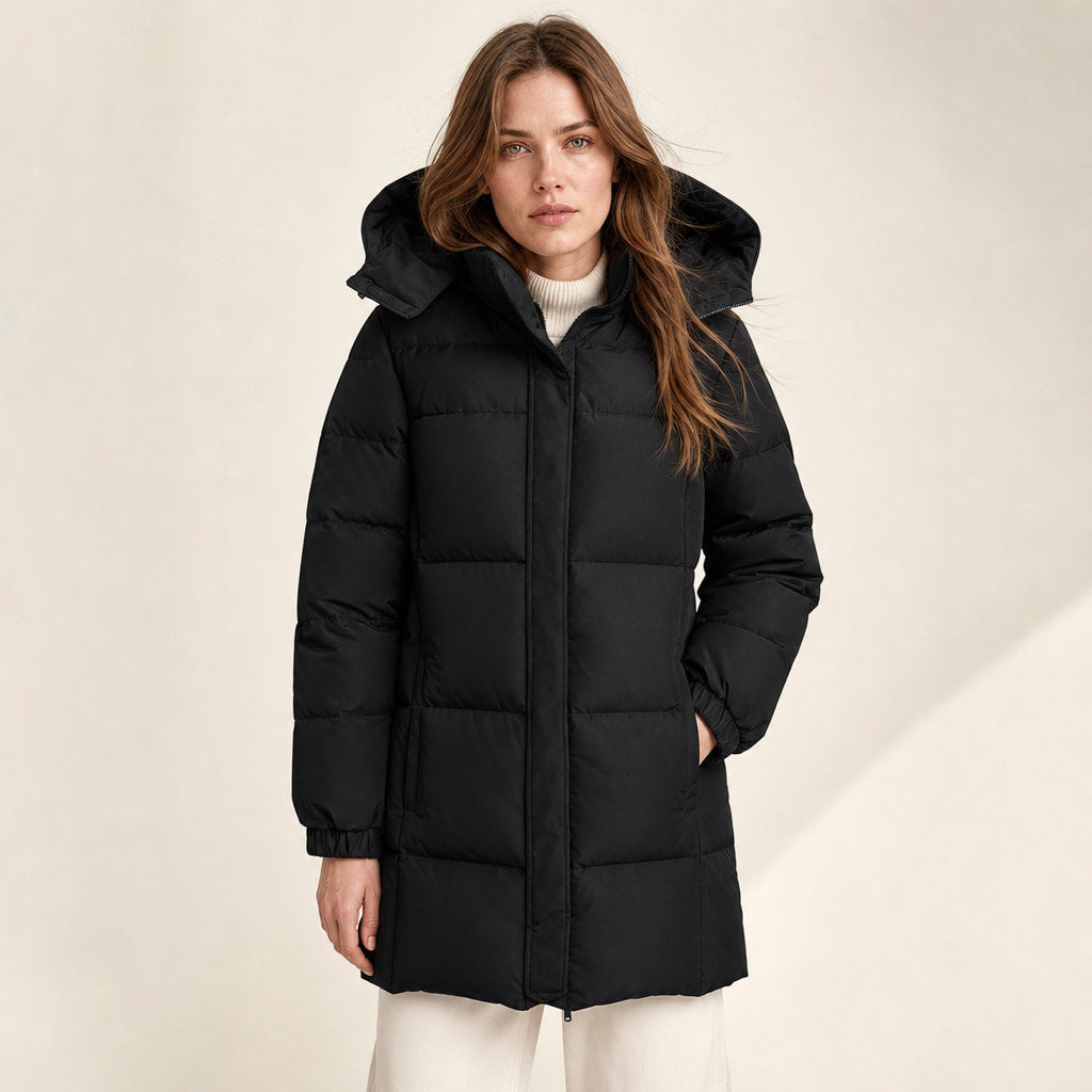 Long Warm Women's Quilted Jacket with Hood in Black – Mampierimoda Premium Womenswear