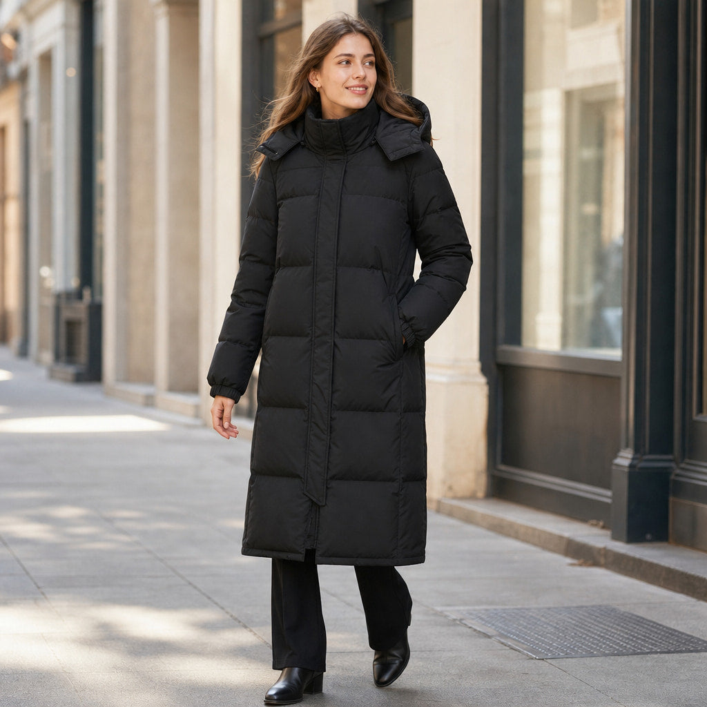 Long Warm Women's Quilted Jacket with Hood Black – Styled Editorial Shot