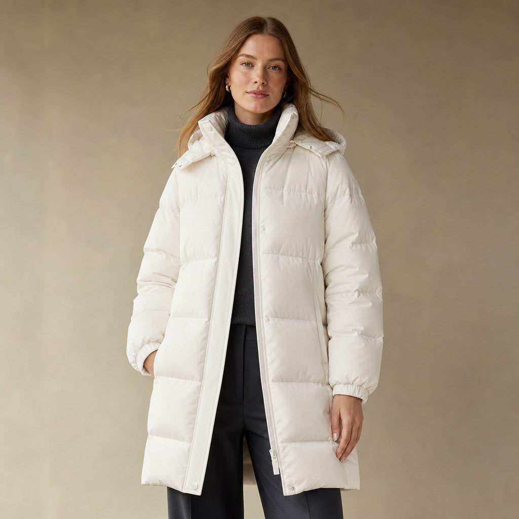 Long Warm Women's Quilted Jacket with Hood White – Product Photo