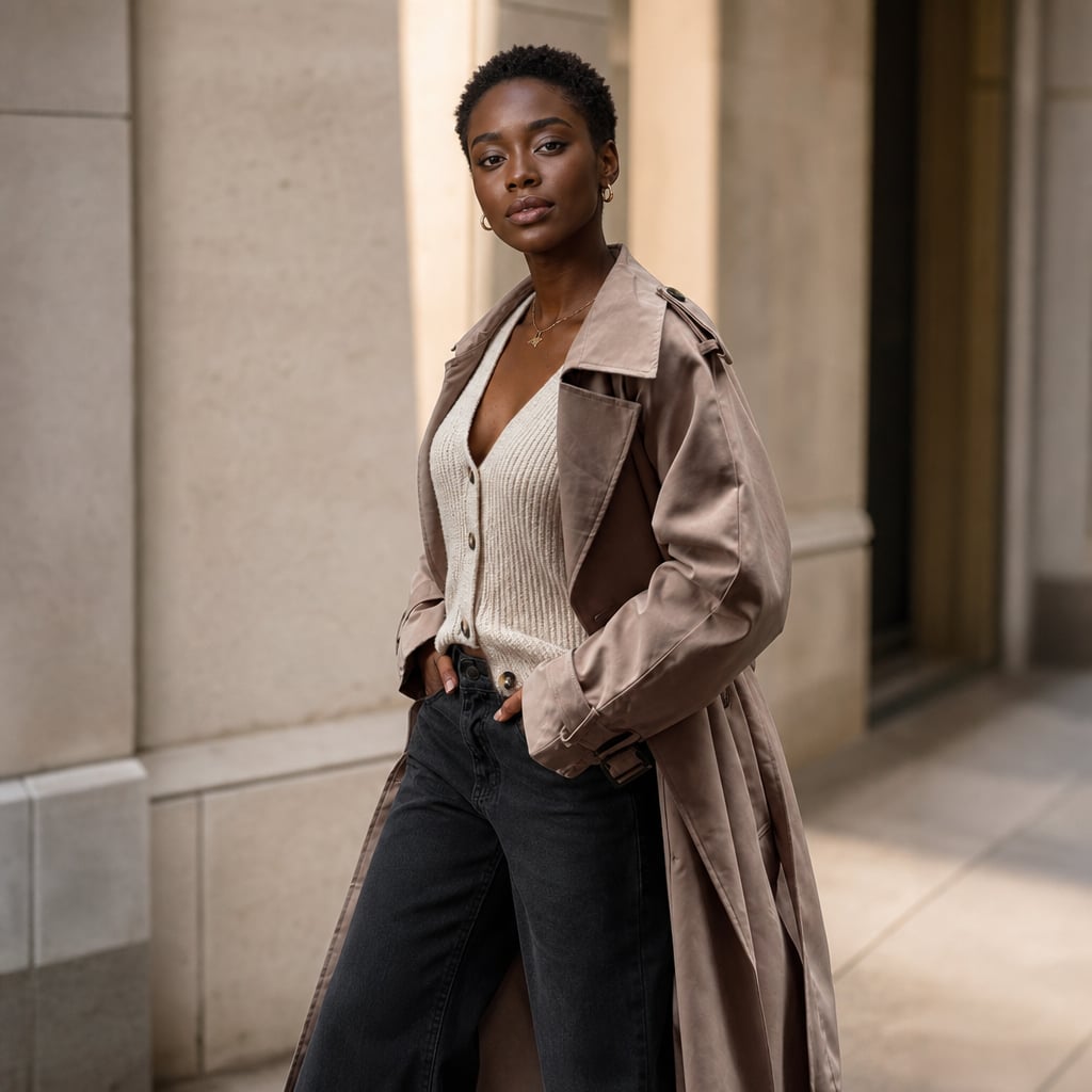 Longline Trench Coat 100% Polyester Oversized Fit Mocha Mocha – Styled Editorial Shot