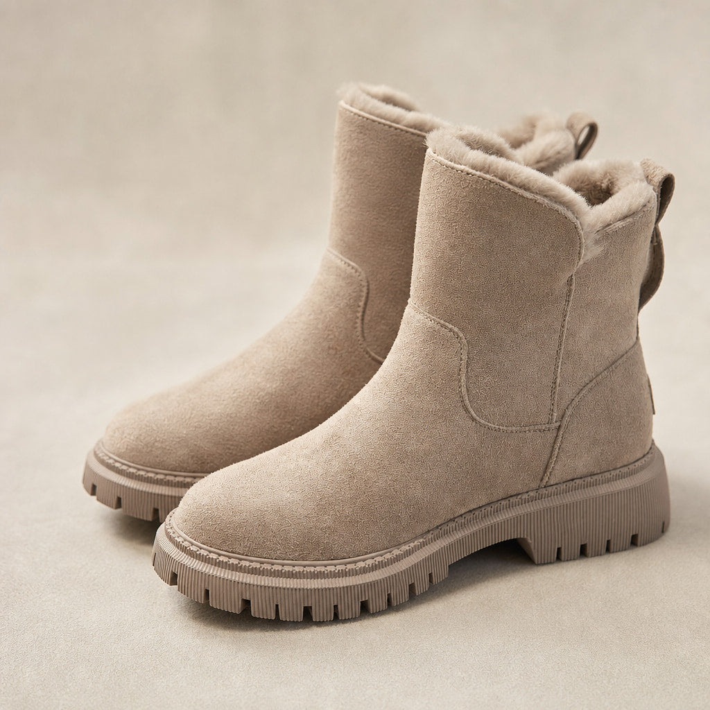 Plush And Warm Slip-On Winter Ankle Boots Beige – Fabric and Detail Close-Up