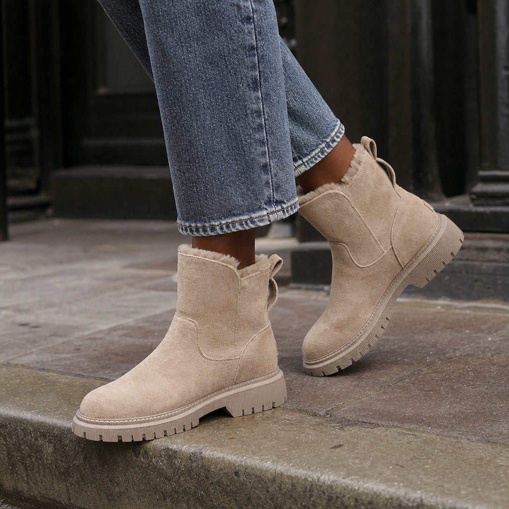 Plush And Warm Slip-On Winter Ankle Boots Beige – Styled Editorial Shot