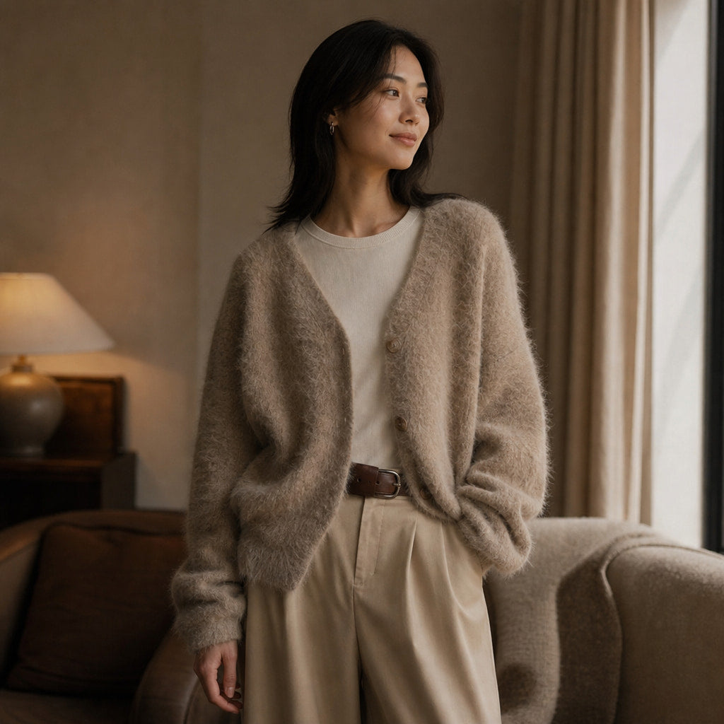 Luxurious Cardigan For Women Coffee – Styled Editorial Shot