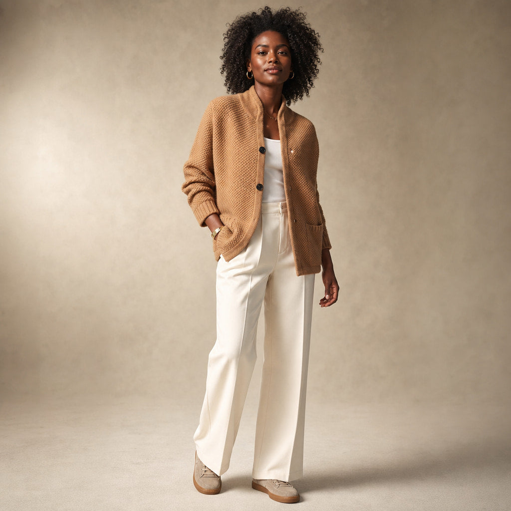 Luxurious Cosy Cardigan - Soft Knit Open-Front Sweater Camel – Side Angle View