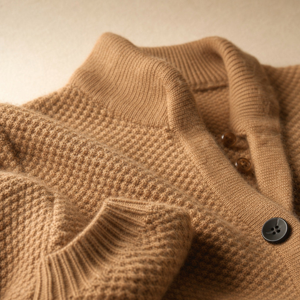 Luxurious Cosy Cardigan - Soft Knit Open-Front Sweater Camel – Fabric and Detail Close-Up