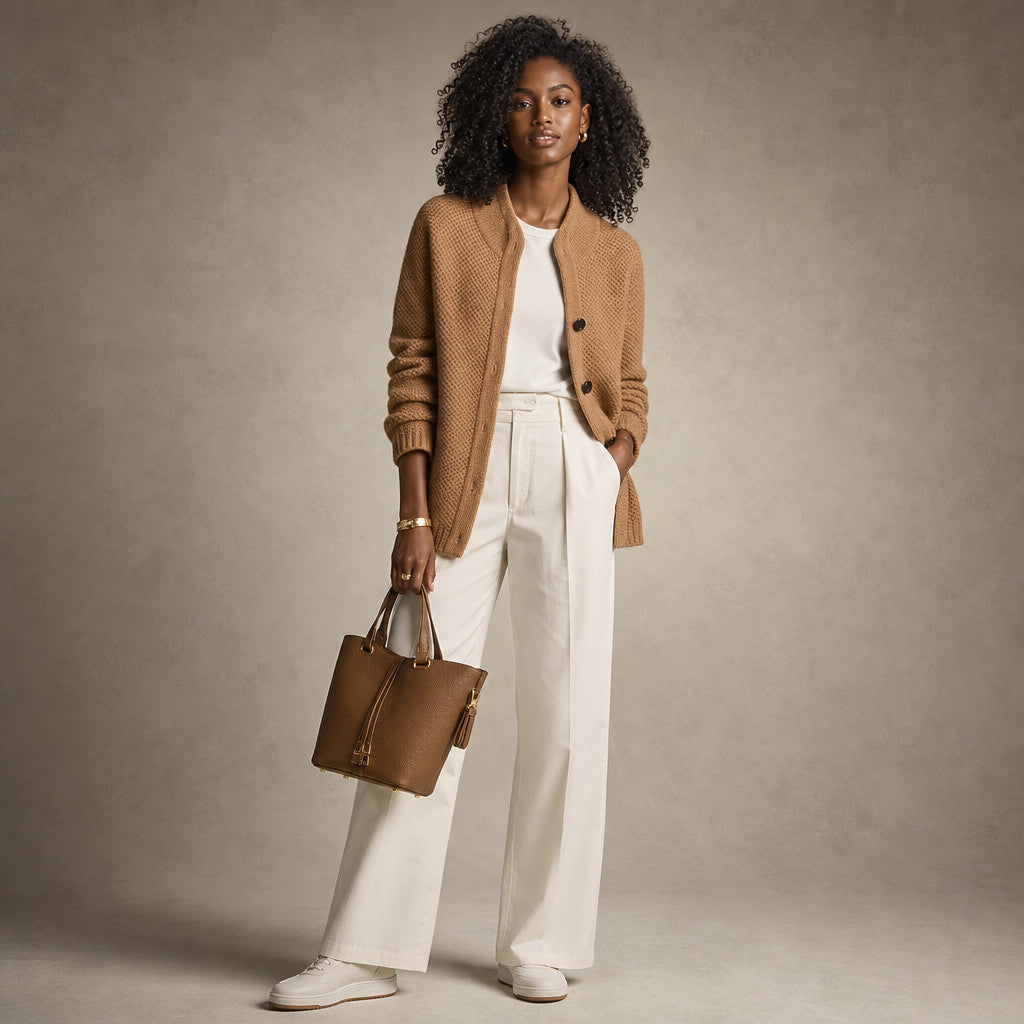 Luxurious Cosy Cardigan - Soft Knit Open-Front Sweater Camel – Full Look