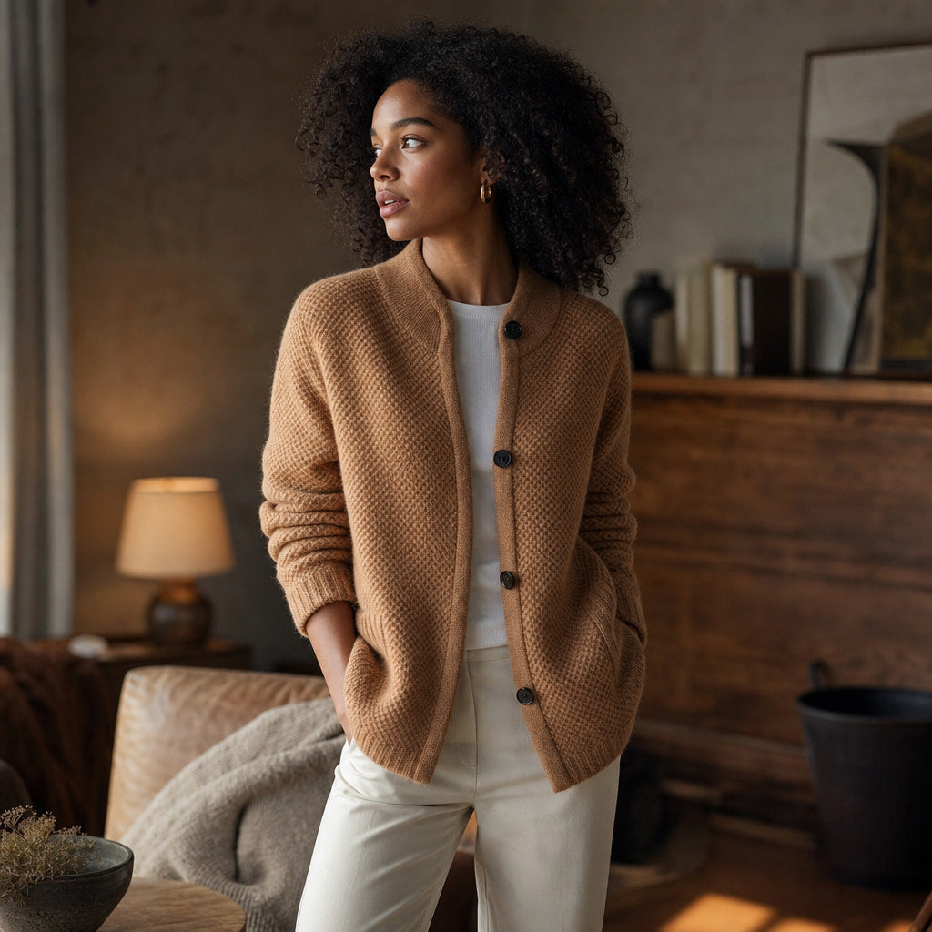 Luxurious Cosy Cardigan - Soft Knit Open-Front Sweater Camel – Styled Editorial Shot