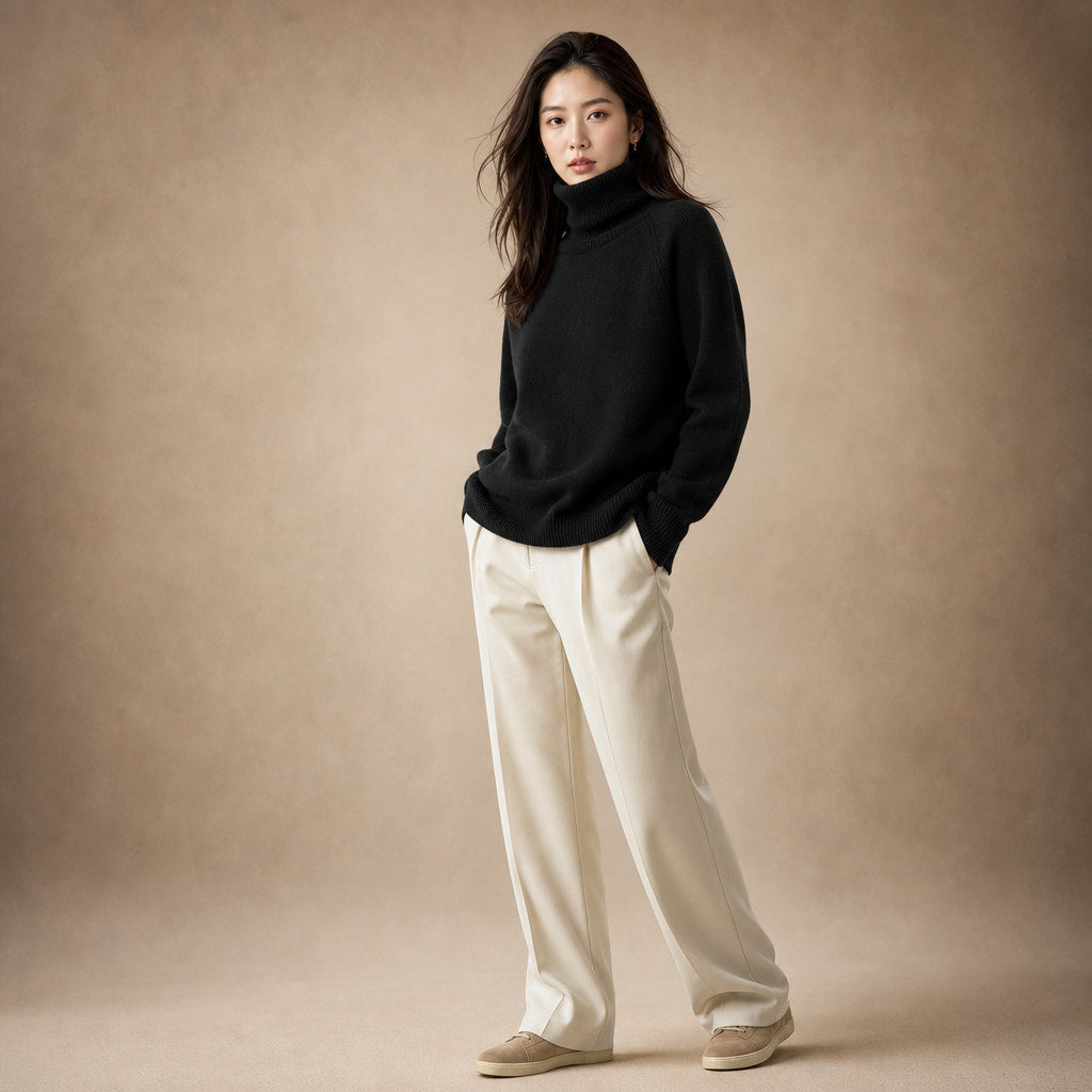 Luxurious Cozy Women's Cashmere Knit Sweater Black – Side Angle View