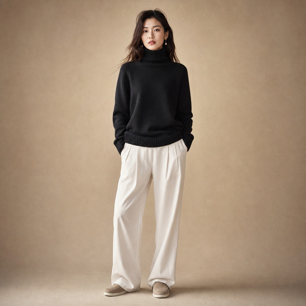 Luxurious Cozy Women's Cashmere Knit Sweater Black – Full Look