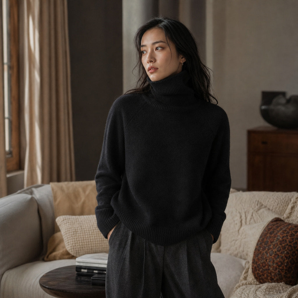 Luxurious Cozy Women's Cashmere Knit Sweater Black – Styled Editorial Shot
