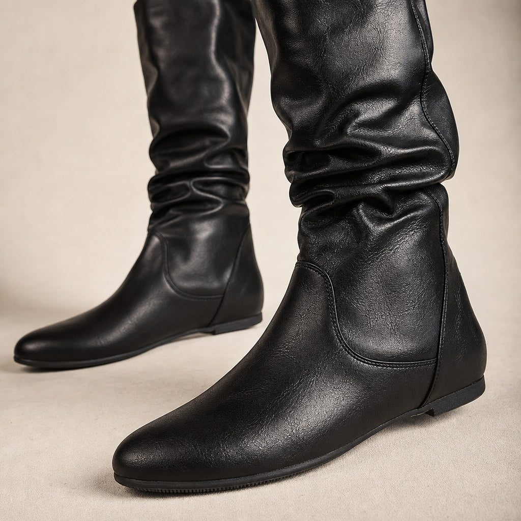 Classic Flat Knee High Boots with Gathered Shaft Black – Fabric and Detail Close-Up