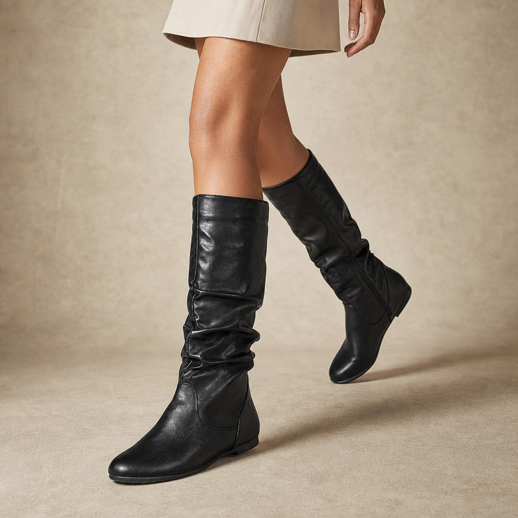 Classic Flat Knee High Boots with Gathered Shaft Black – Product Photo