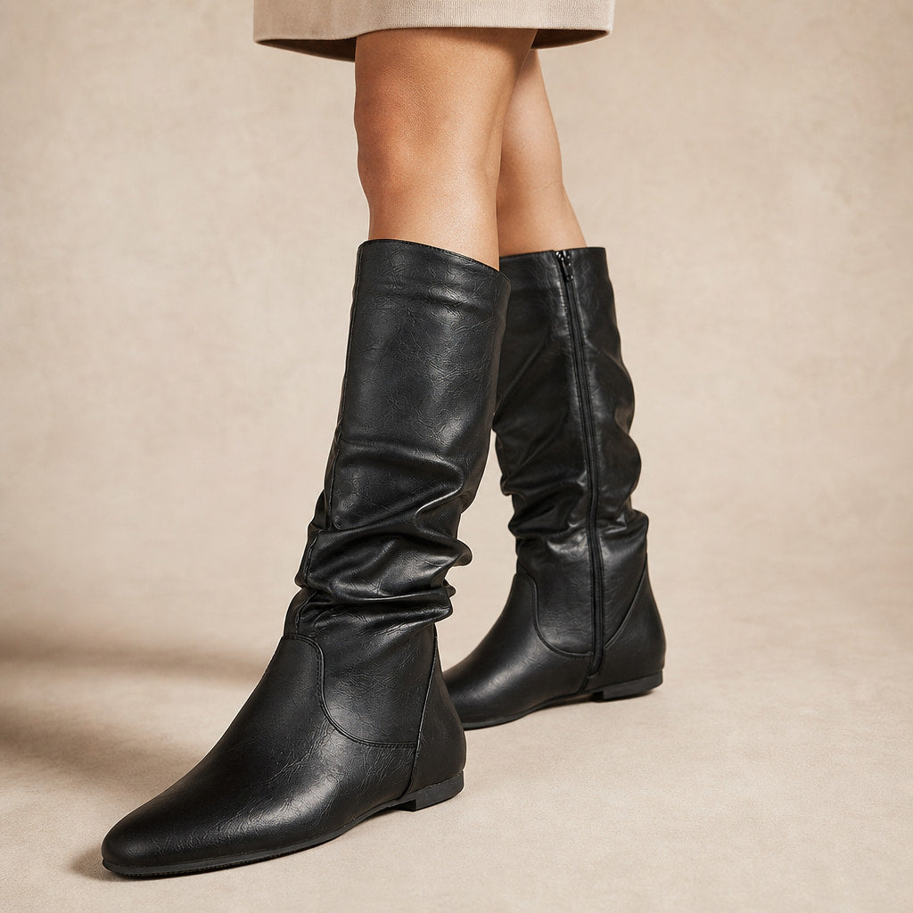 Classic Flat Knee High Boots with Gathered Shaft in Black – Mampierimoda Premium Womenswear