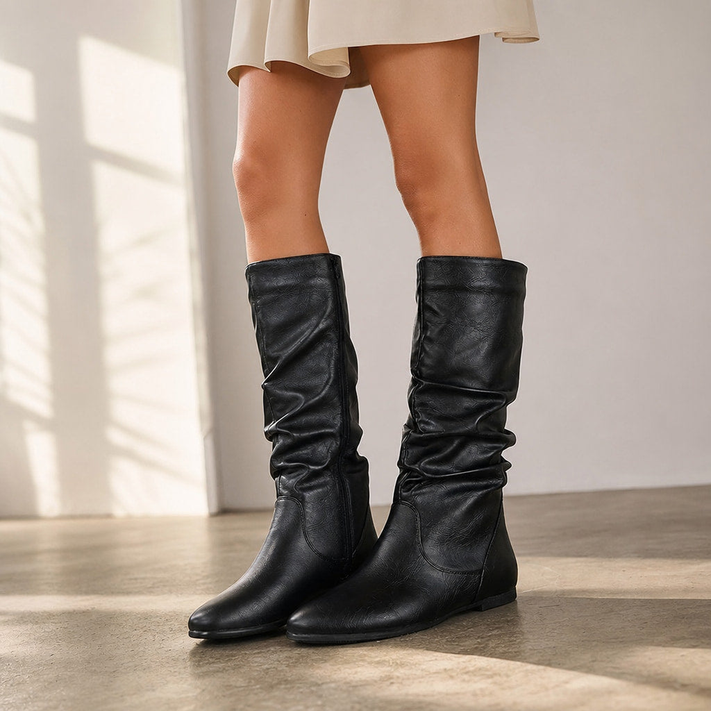 Classic Flat Knee High Boots with Gathered Shaft Black – Styled Editorial Shot, Detail