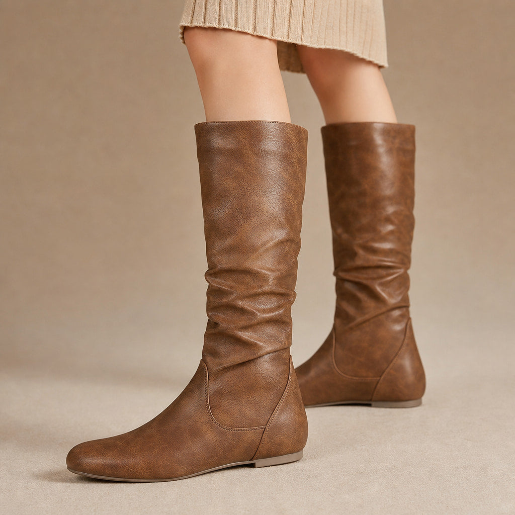 Classic Flat Knee High Boots with Gathered Shaft Light Brown – Product Photo