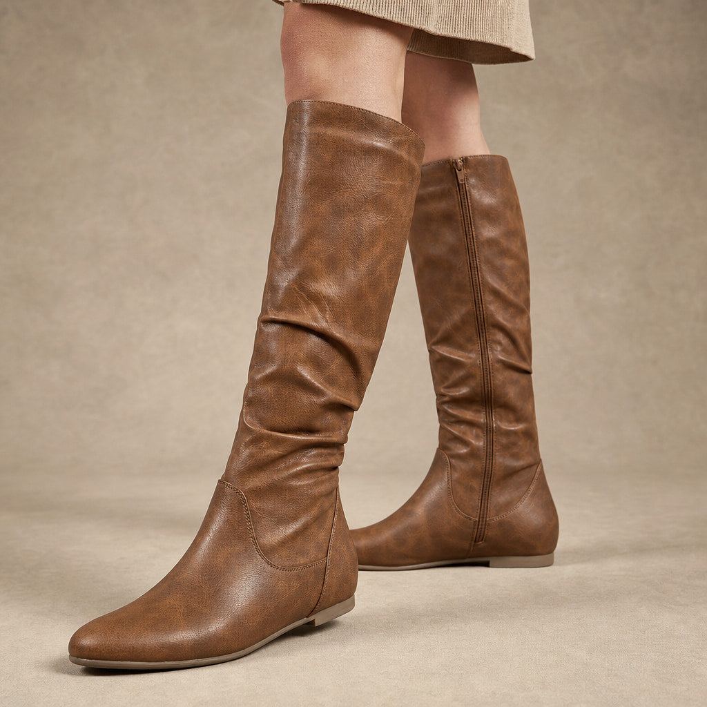 Classic Flat Knee High Boots with Gathered Shaft in Light Brown – Mampierimoda Premium Womenswear