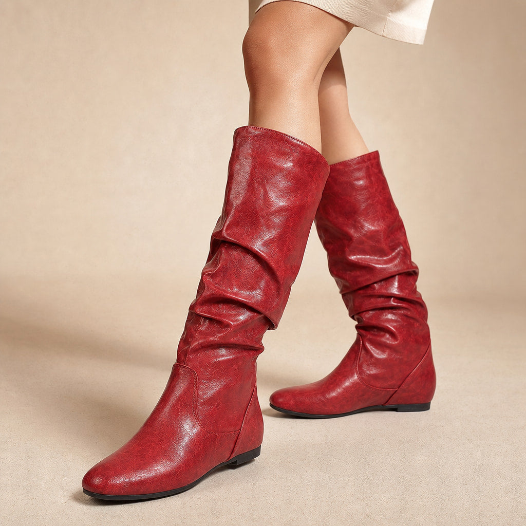 Classic Flat Knee High Boots with Gathered Shaft Red – Product Photo