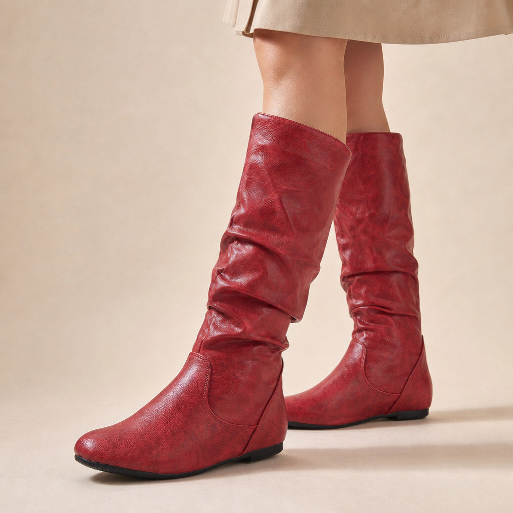 Classic Flat Knee High Boots with Gathered Shaft in Red – Mampierimoda Premium Womenswear