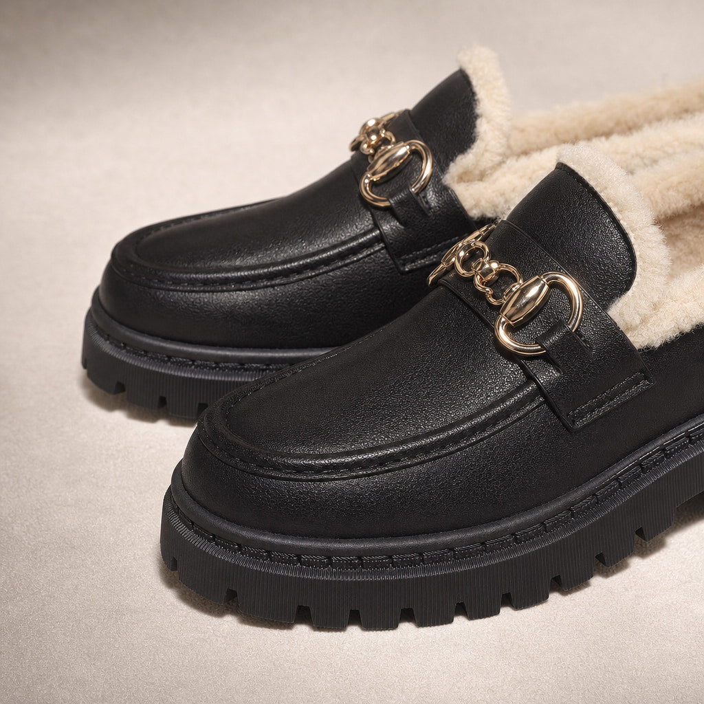 Marcia Fleece Lined Platform Loafers Black & Gold – Fabric and Detail Close-Up