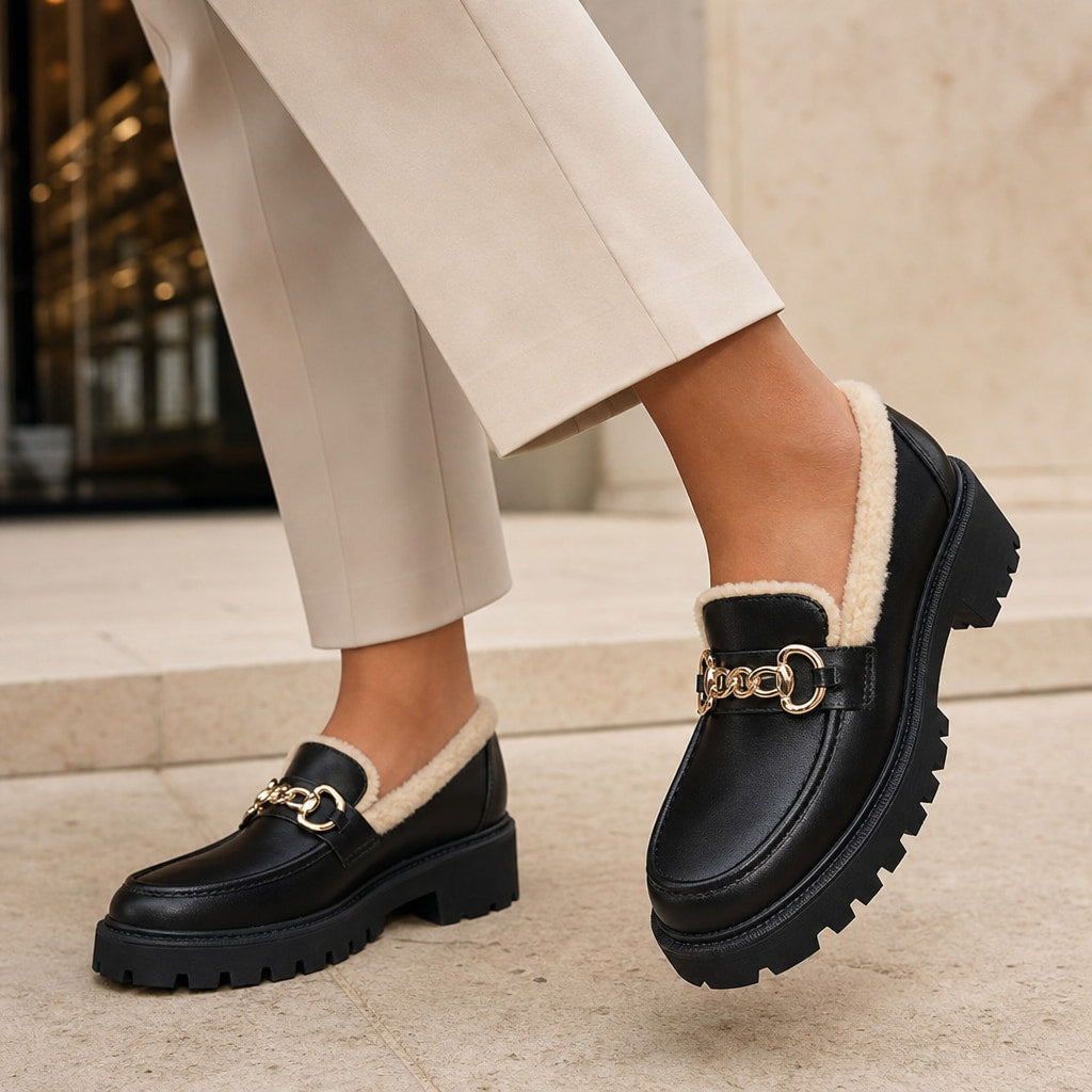 Marcia Fleece Lined Platform Loafers Black & Gold – Full Look