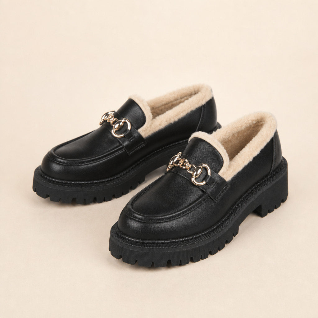 Marcia Fleece Lined Platform Loafers Black & Gold – Product Photo