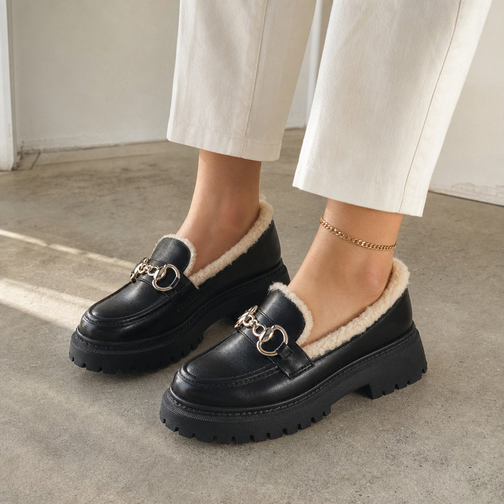 Marcia Fleece Lined Platform Loafers Black & Gold – Styled Editorial Shot, Detail