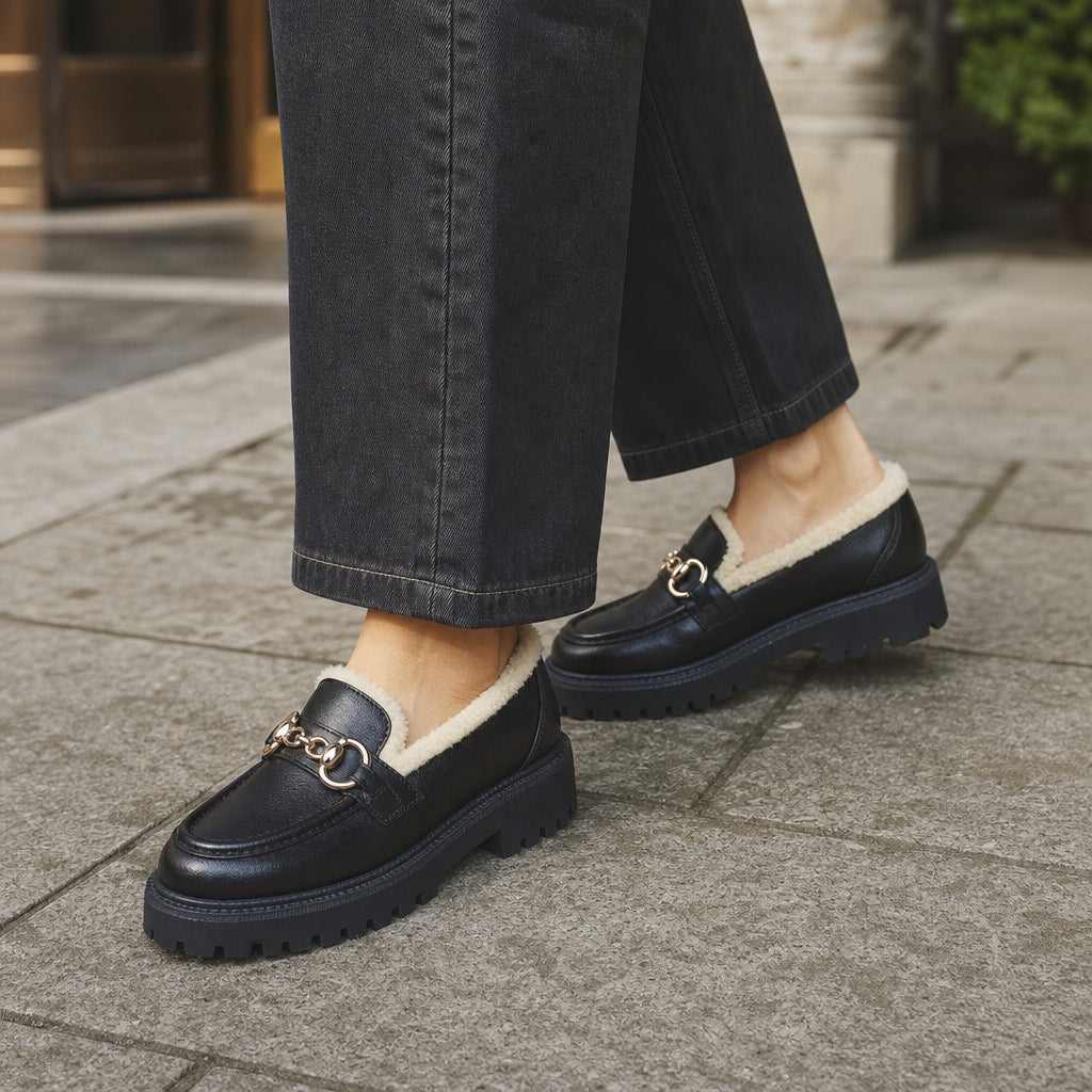 Marcia Fleece Lined Platform Loafers Black & Gold – Styled Editorial Shot