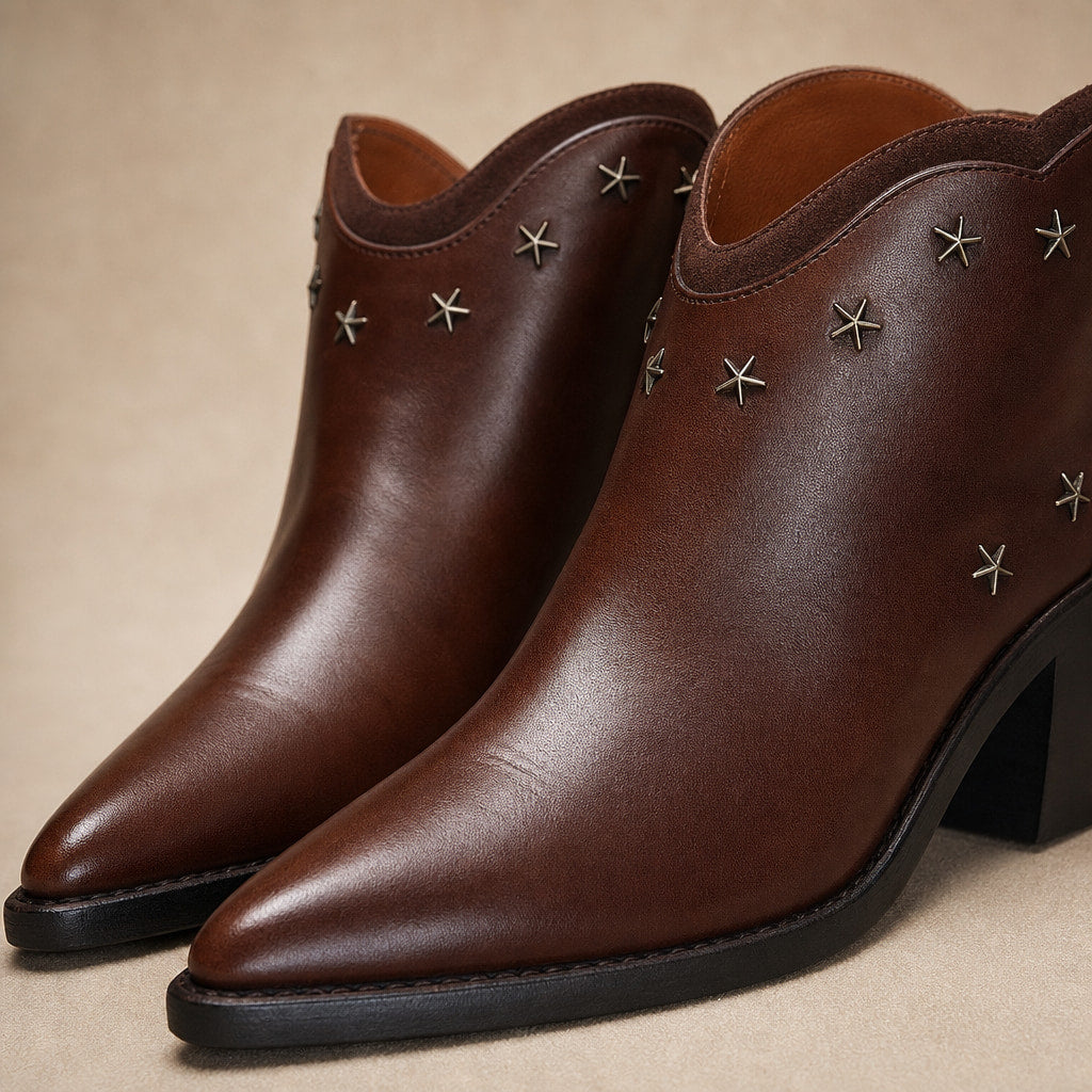 Margery - Women's Pointed-Toe Star-Stud Ankle Boots Brown – Fabric and Detail Close-Up