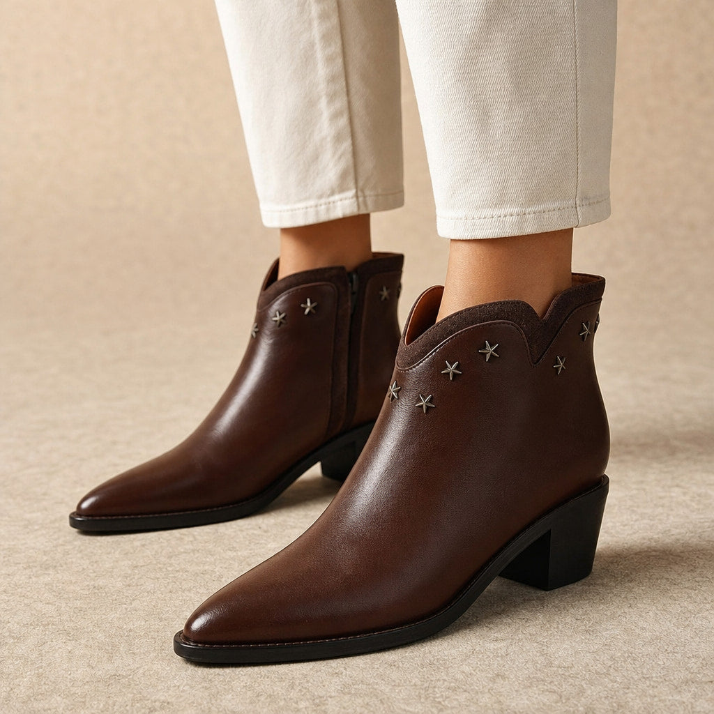 Margery - Women's Pointed-Toe Star-Stud Ankle Boots in Brown – Mampierimoda Premium Womenswear