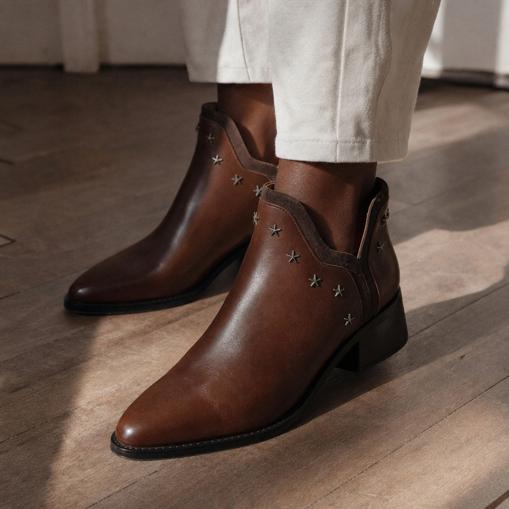 Margery - Women's Pointed-Toe Star-Stud Ankle Boots Brown – Styled Editorial Shot, Detail