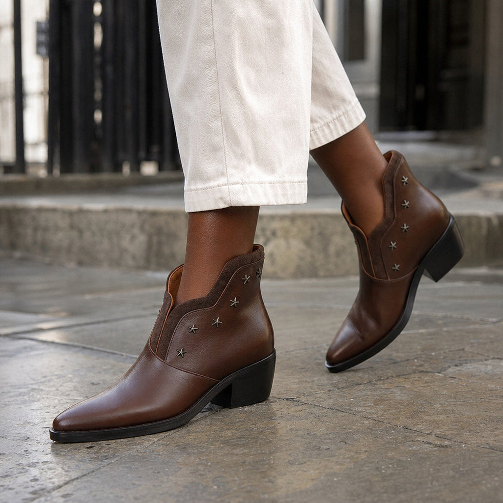 Margery - Women's Pointed-Toe Star-Stud Ankle Boots Brown – Styled Editorial Shot