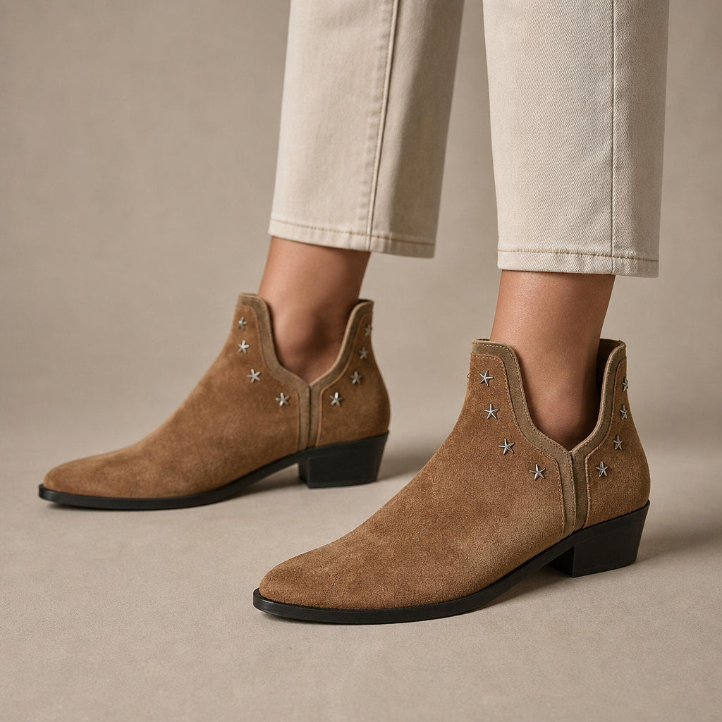 Margery - Women's Pointed-Toe Star-Stud Ankle Boots Light Brown – Product Photo
