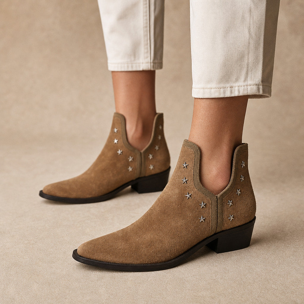Margery - Women's Pointed-Toe Star-Stud Ankle Boots in Light Brown – Mampierimoda Premium Womenswear