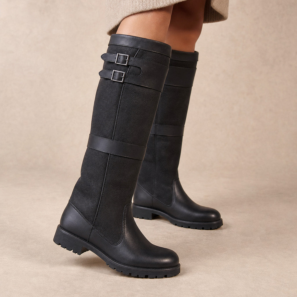 Mariela Water Resistant Buckled Knee High Boots in Black – Mampierimoda Premium Womenswear